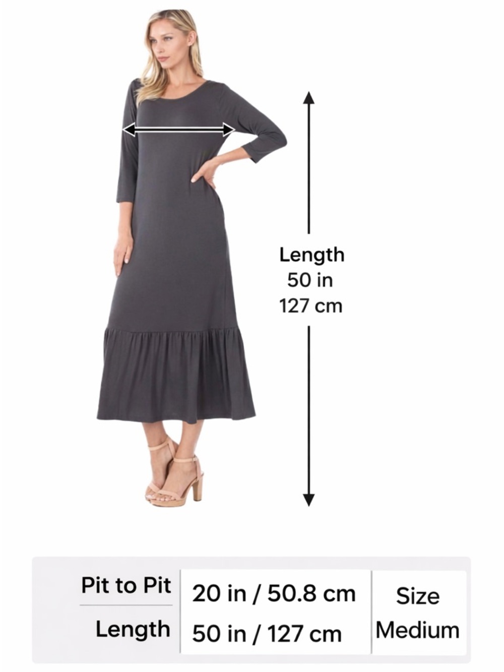 Zenana Gray Tiered Maxi Dress Medium 3/4 Sleeve Modest Casual - Picture 2 of 7